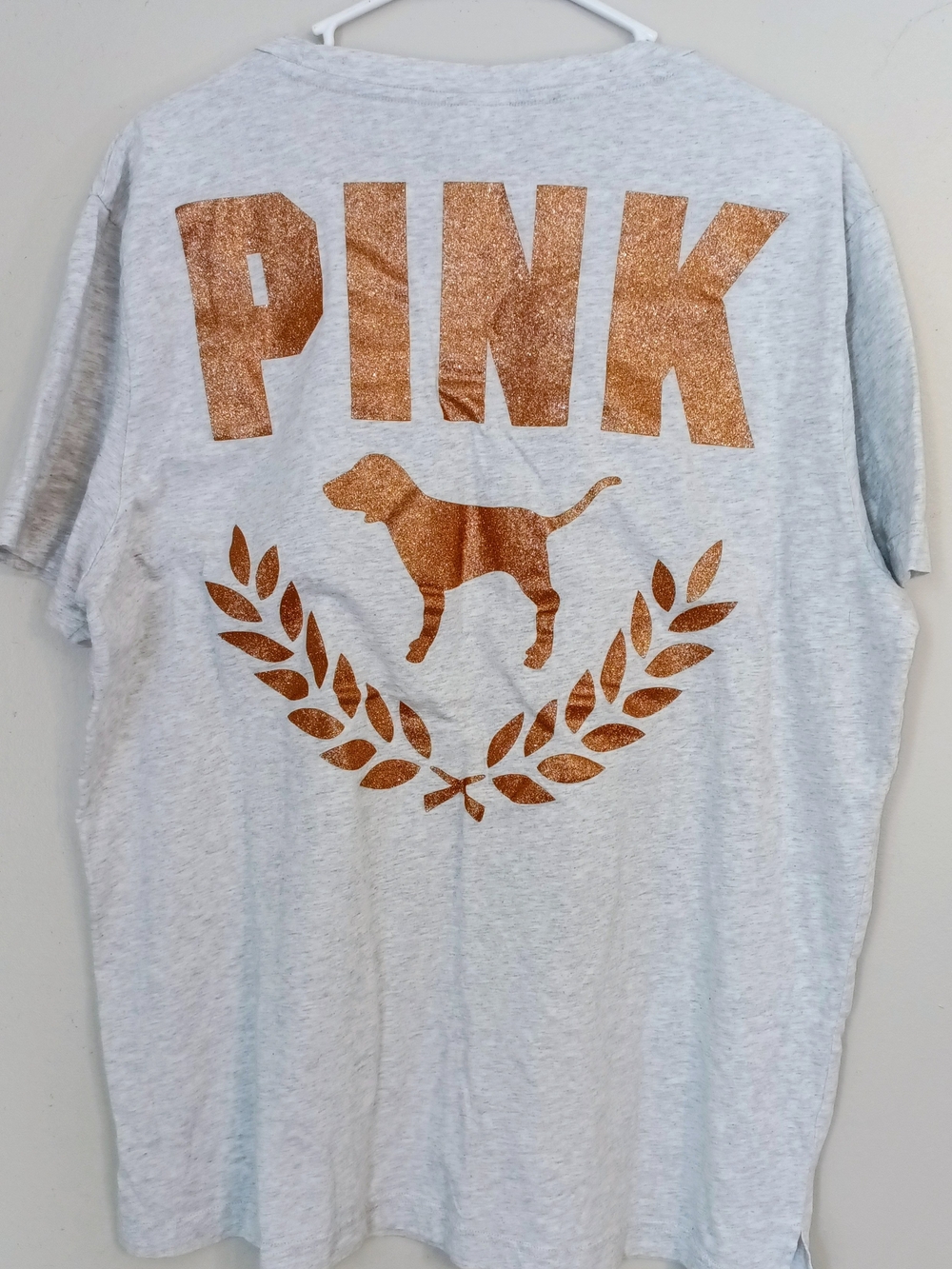 VICTORIAS SECRET PINK Tee GOLD Glitter DOG LOGO BLING T SHIRT XL
